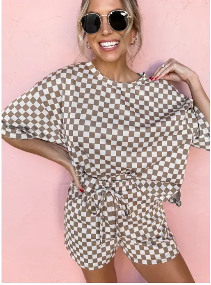 Brown Checkered Top And Short Casual Set Set - Shop at LoveMi
