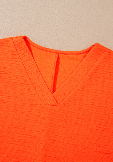 Orange Textured V Neck T Shirt And Shorts Set