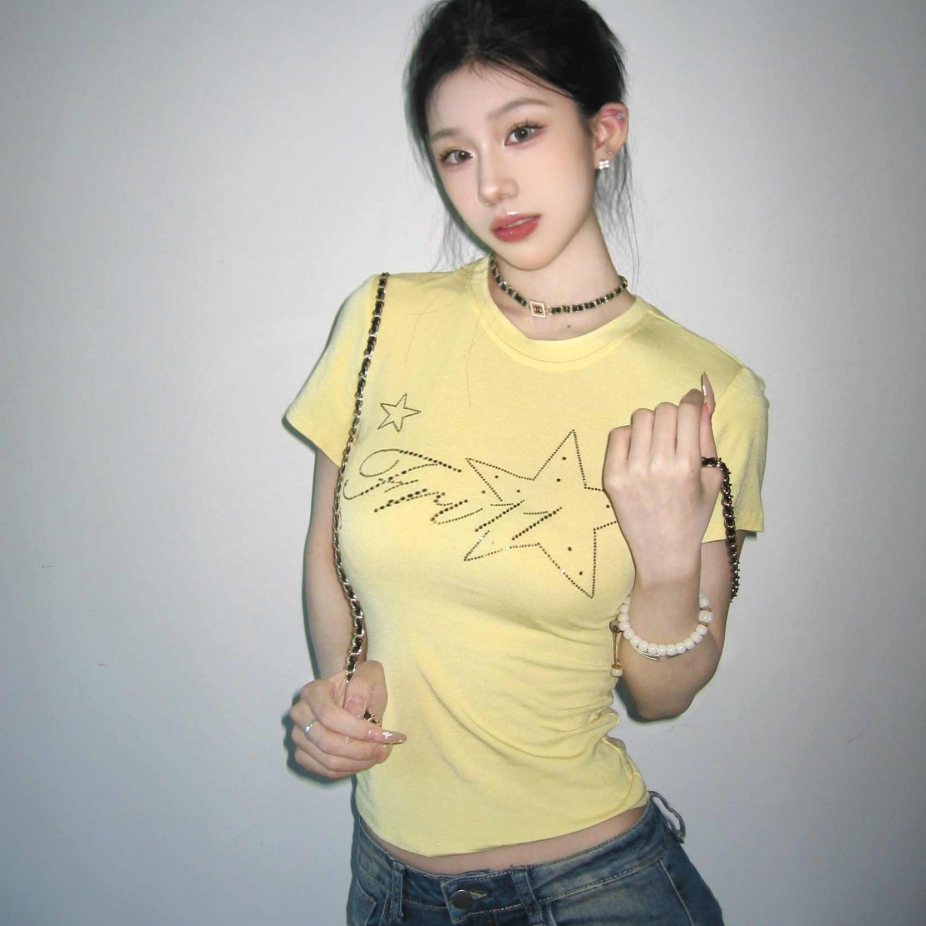 Yellow Shoulder Rhinestone T-shirt Short Sleeve Women's Short Top