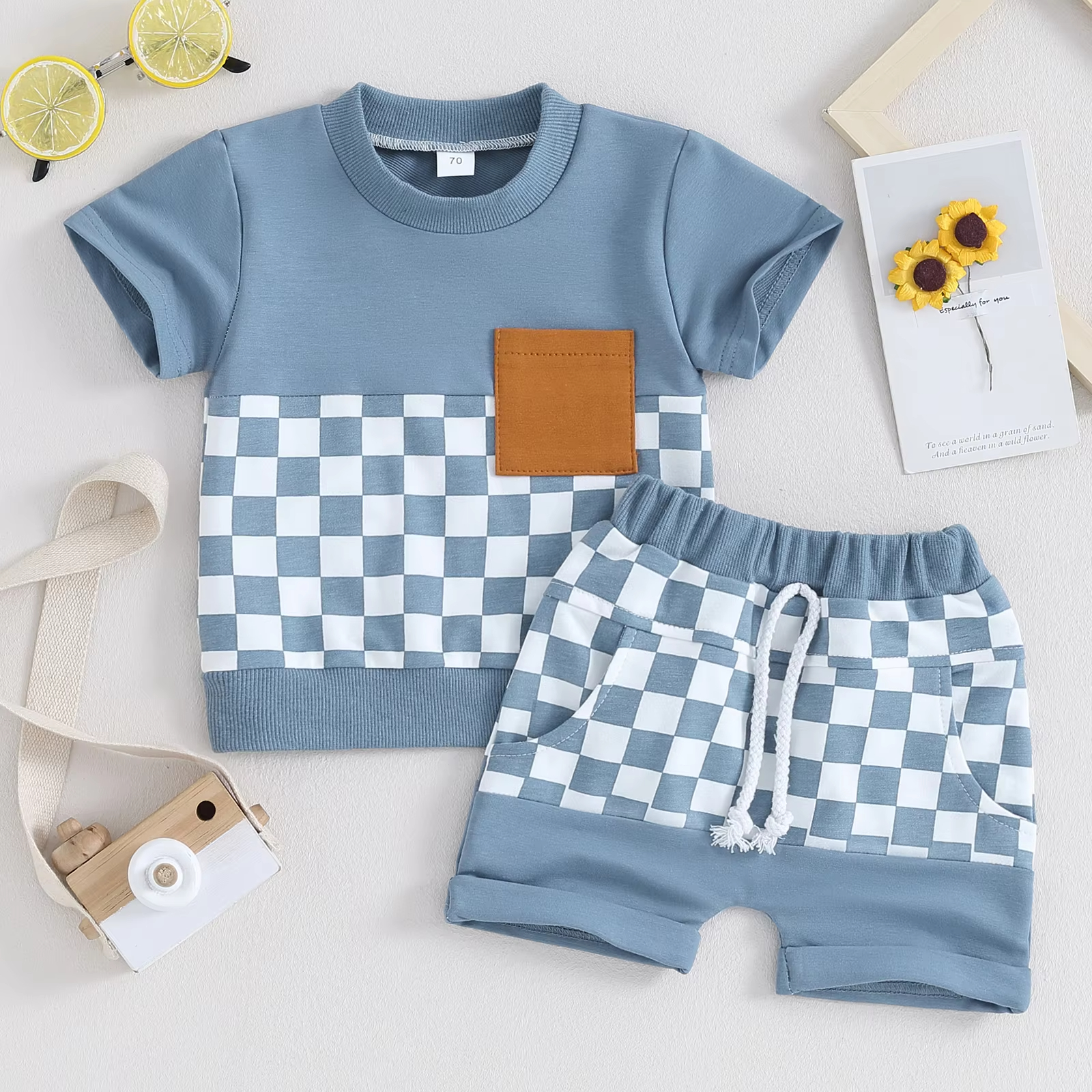 Fashion Personality Children's Shirt Plaid Shorts Suit
