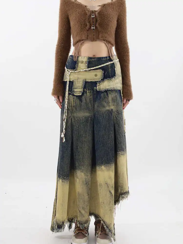 Irregular Patch Distressed Raw Edge Denim Skirt - Tie Dye