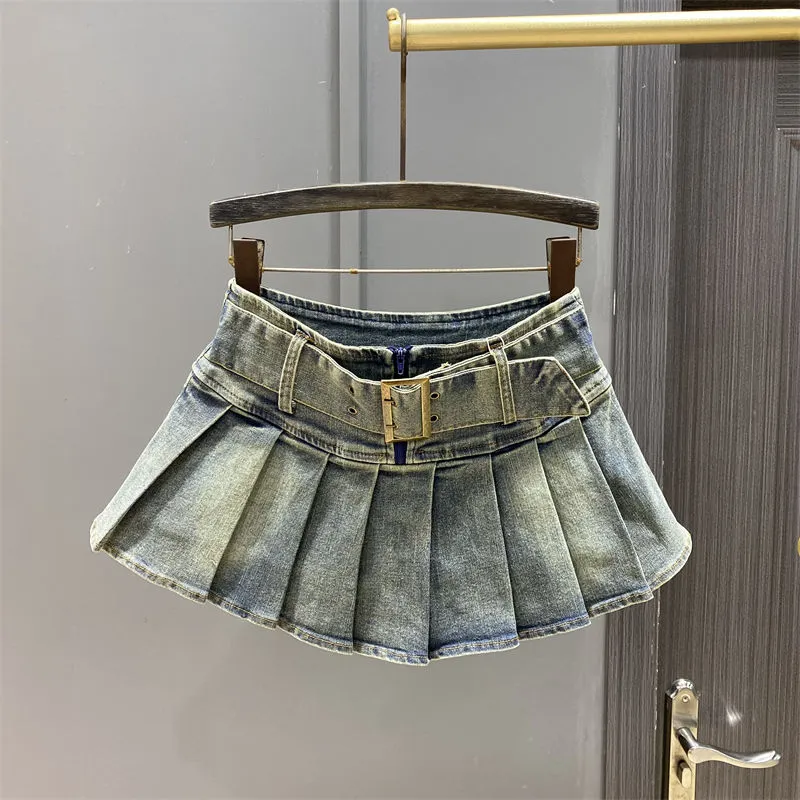 Retro Blue Low Waist Pleated Skirt - Blue