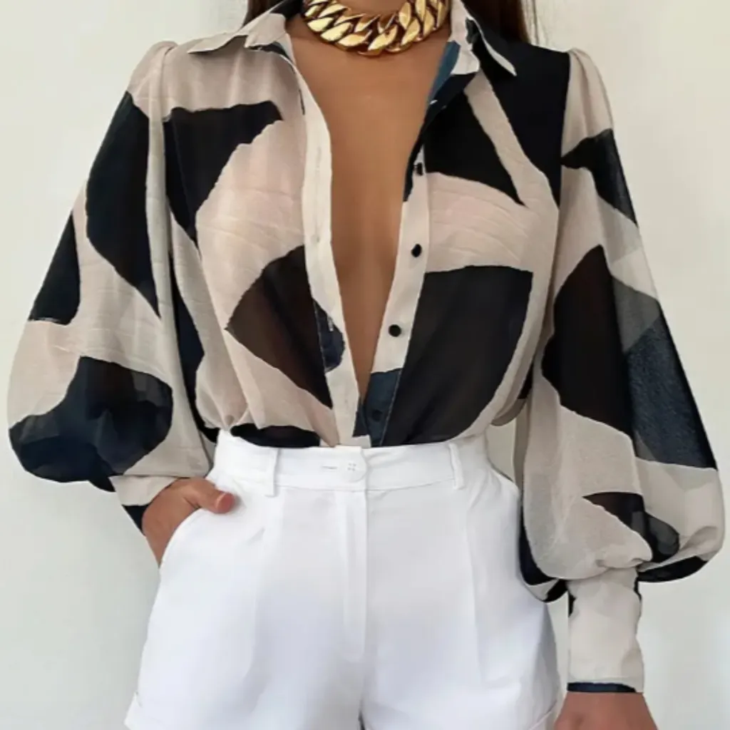 Abstract Pattern Printed Directional Shirt Long Sleeved - Mixed Color-S