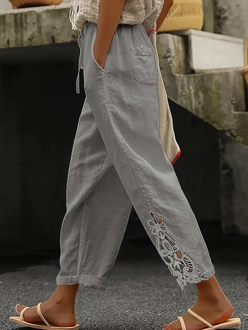 Women's Lace Stitching Drawstring Straight Casual Pants - Grey