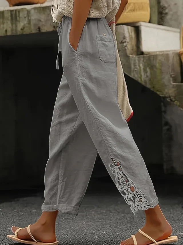 Women's Lace Stitching Drawstring Straight Casual Pants Grey - Shop at LoveMi