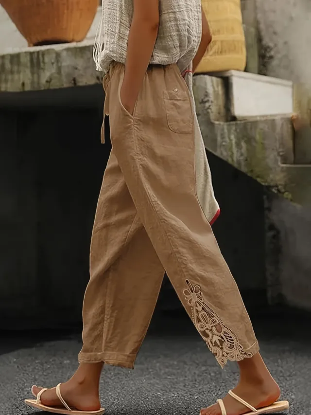 Women's Lace Stitching Drawstring Straight Casual Pants Khaki - Shop at LoveMi
