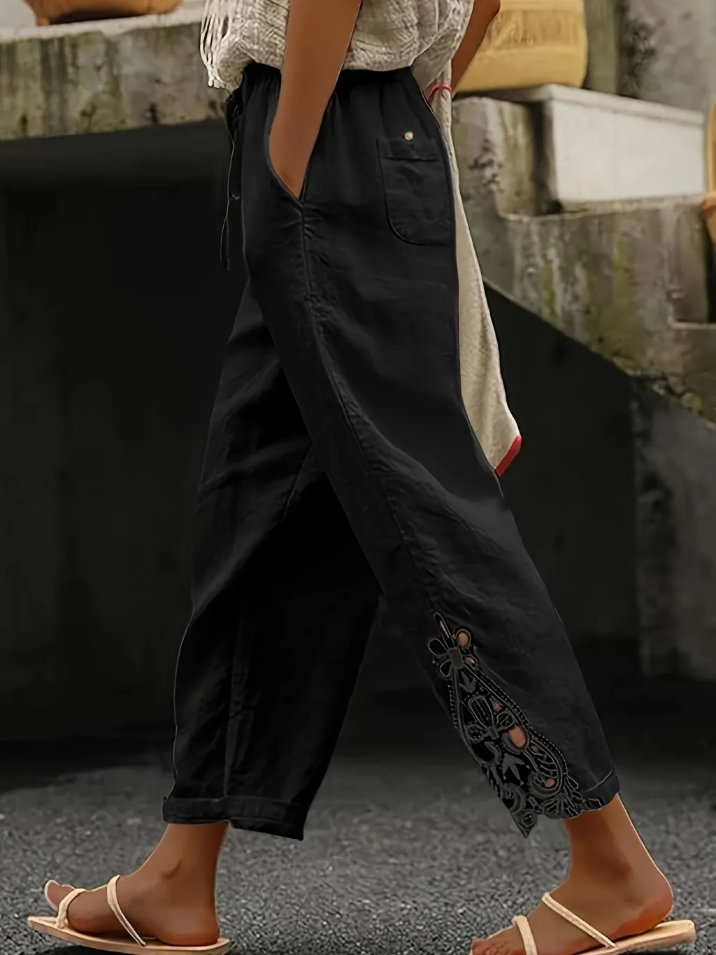 Women's Lace Stitching Drawstring Straight Casual Pants - Black