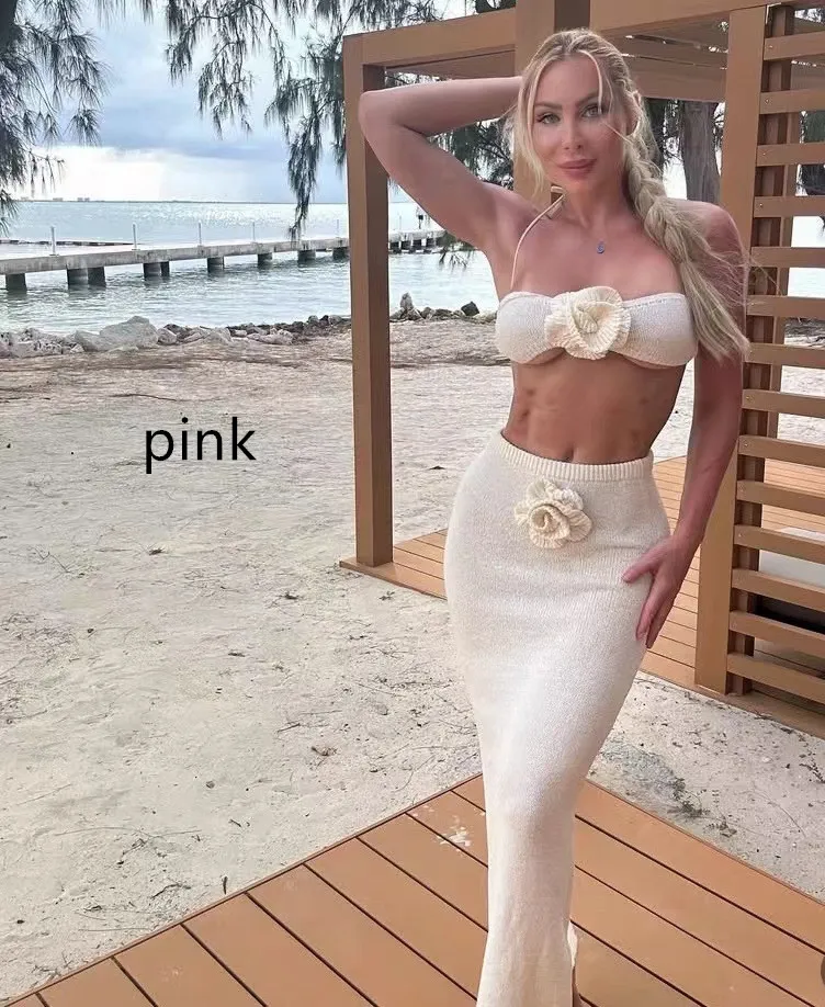 Tube Top Knitted Hollow Flower High Waist Suit Women - Pink