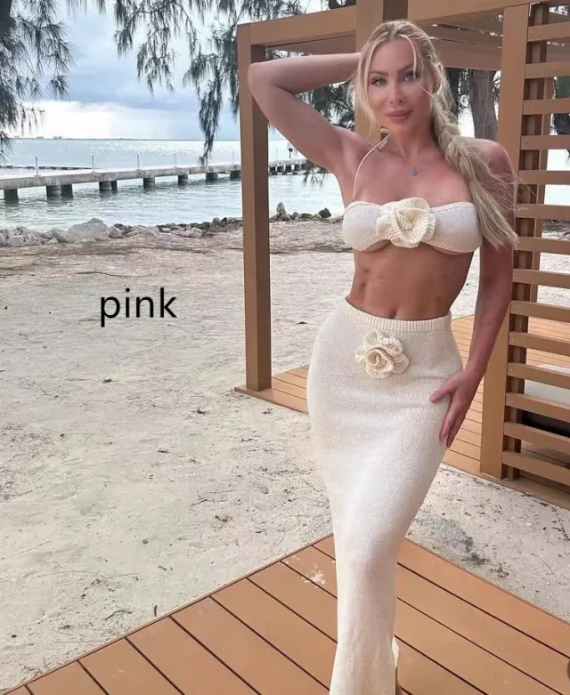 Tube Top Knitted Hollow Flower High Waist Suit Women Pink - Shop at LoveMi