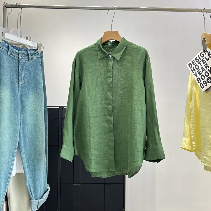 Linen Plain Cloth Blue Dyed Loose Shirt - Green
