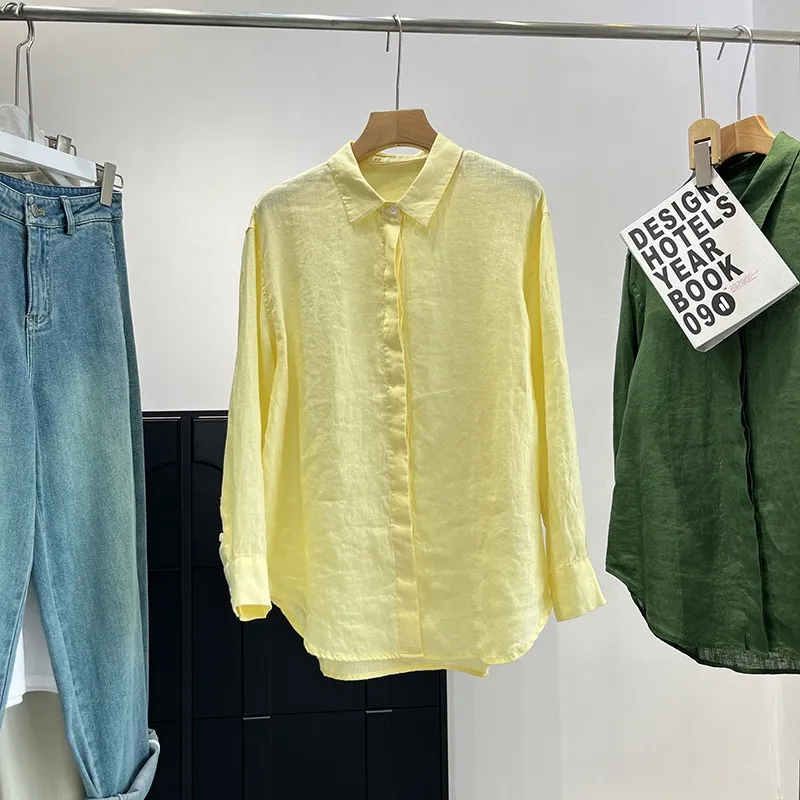 Linen Plain Cloth Blue Dyed Loose Shirt - Yellow
