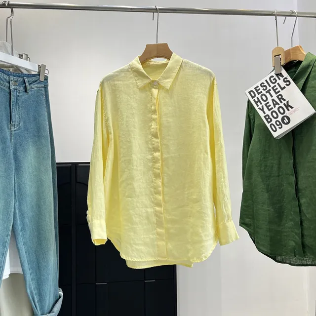 Linen Plain Cloth Blue Dyed Loose Shirt Yellow - Shop at LoveMi