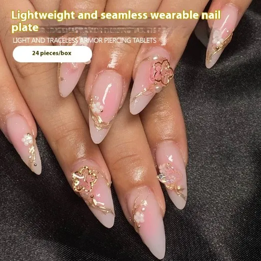 Wear Nail Flower Gilding Nail Tips Gradient - Gold Silk Butterfly