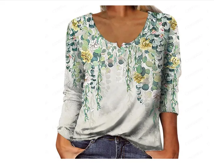 Women's Loose Long-sleeved Geometric Floral U-neck Button T-shirt - Grey