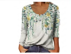 Women's Loose Long-sleeved Geometric Floral U-neck Button T-shirt - Grey - View 1