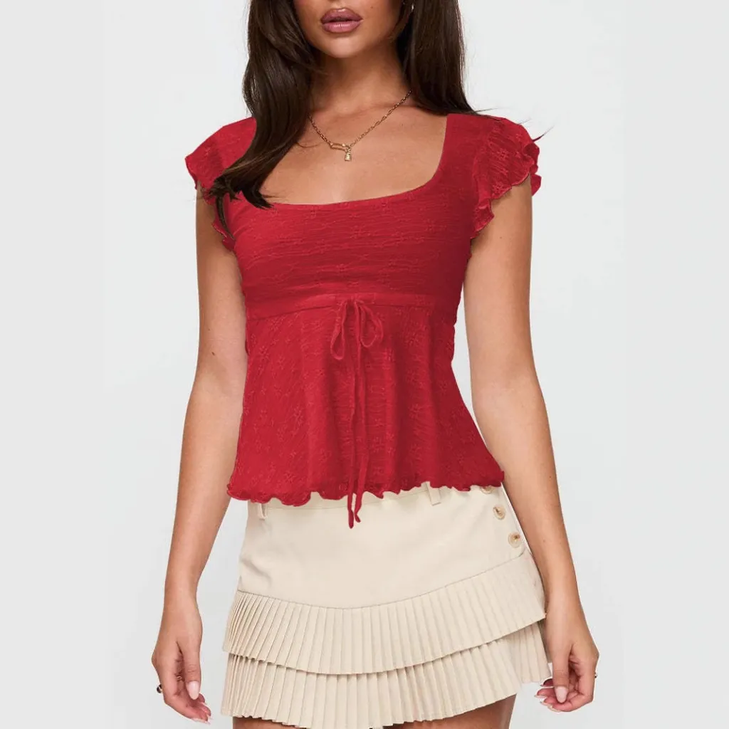 Half Sleeve Short Top Spring Summer Slim-fit - Red