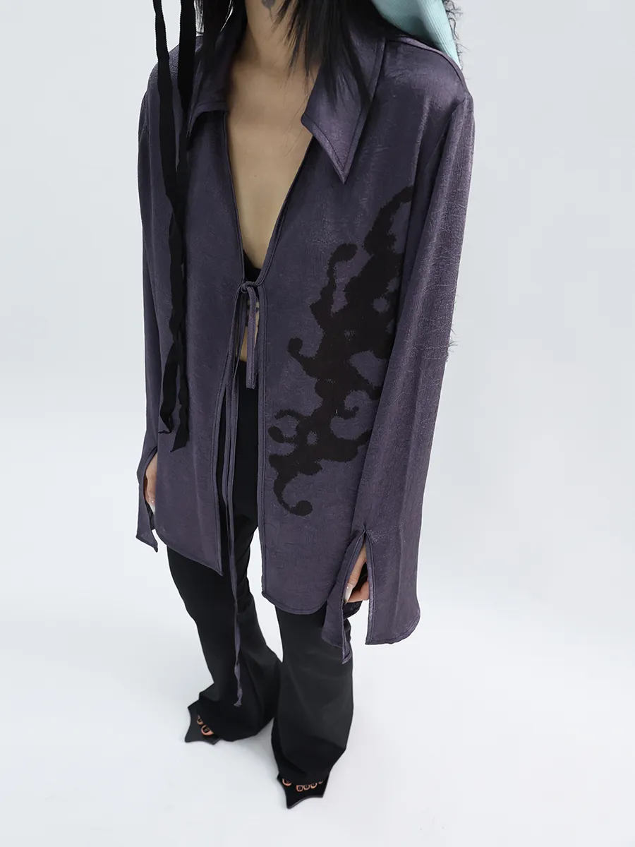 Pleated Satin Abstract Printing Vintage Lace-up Purple Shirt - Purple