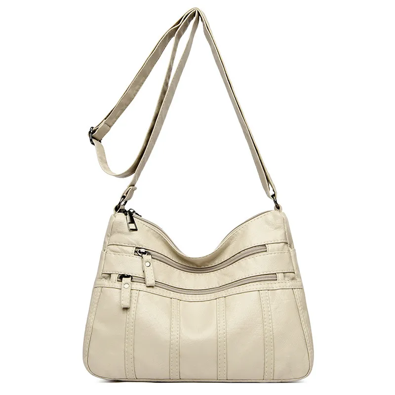 New Trendy Soft Leather Multilayer Messenger Bag - Beige