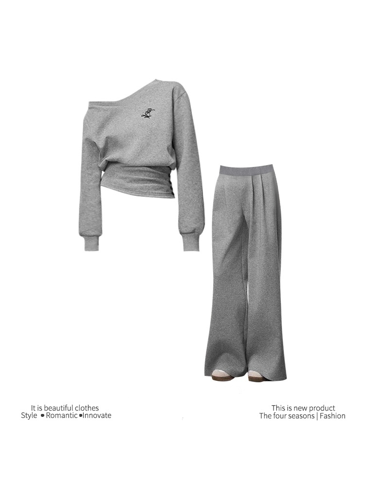 Sports Casual Waist Tight Top Waist Slant Shoulder Suit Sweatshirt And Sweatpants M - Shop at LoveMi