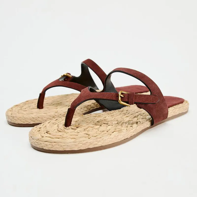 Bottom Woven Flip-flops Women Summer Outdoor Flat Casual Beach Shoes Thong Sandals - Red
