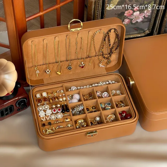 Large capacity Jewelry Vintage Brown Portable Storage Box Treasure Box Double Layer - Shop at LoveMi