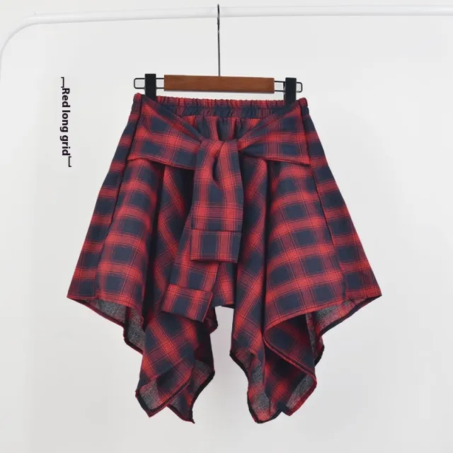 College Style Plaid Irregular Dance Skirt Red Long Plaid - Shop at LoveMi