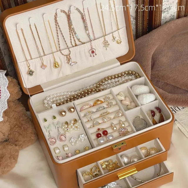 Large capacity Jewelry Vintage Brown Portable Storage Box Treasure Chest Large 3Layer - Shop at LoveMi
