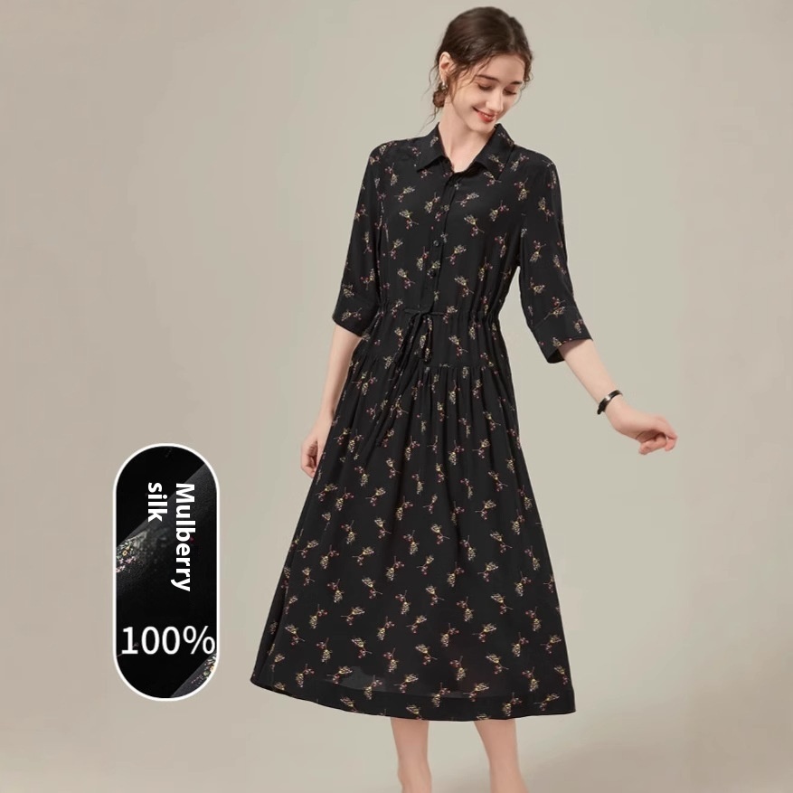 Floral Mid-length Shirt Silk Dress