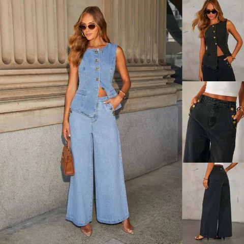 Denim Vest Suits Fashion Sleeveless Button Tops and Wide