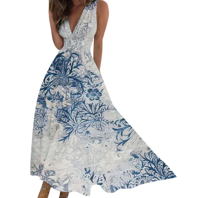 Long Skirt V neck Sleeveless Digital Printing Lyqsyzc304 - Shop at LoveMi