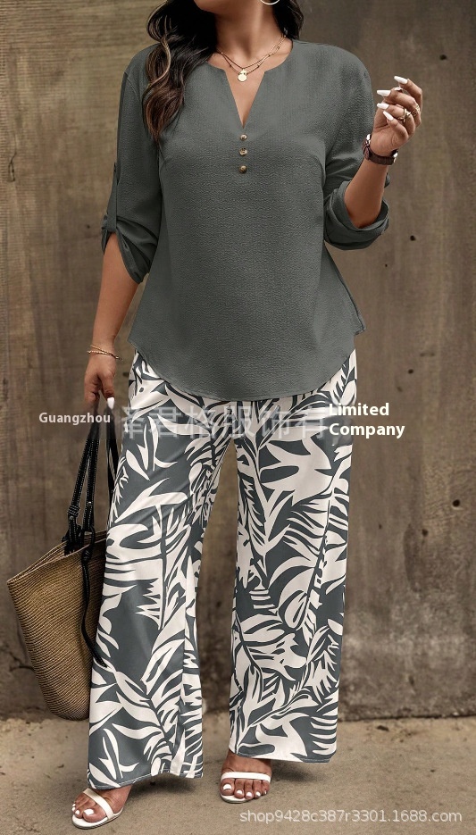 Ladies V neck Shirt Tropical Plants Printed Pants Suit 6 Style Xl - Shop at LoveMi