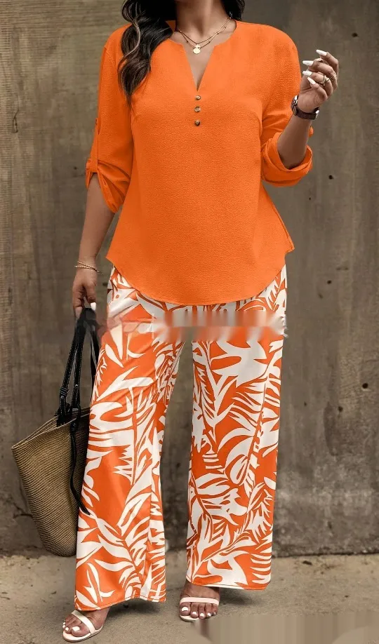 Ladies V neck Shirt Tropical Plants Printed Pants Suit 12 Style - Shop at LoveMi