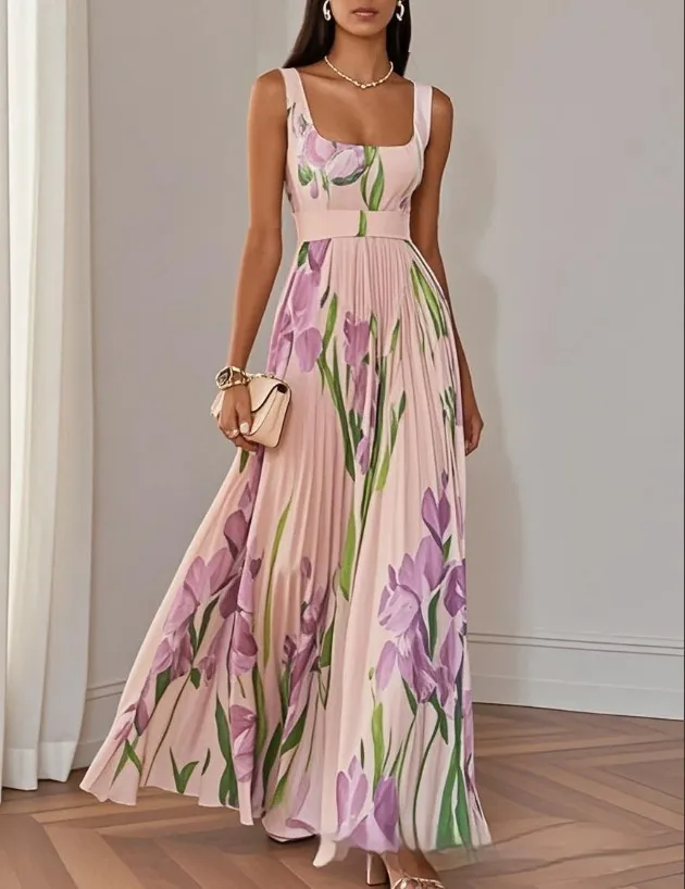 European And American Pleated Printing Dress Pink - Shop at LoveMi