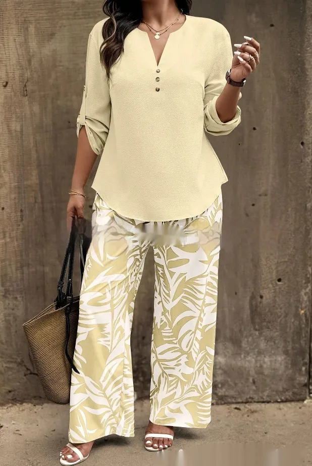 Ladies V neck Shirt Tropical Plants Printed Pants Suit 1 Style - Shop at LoveMi