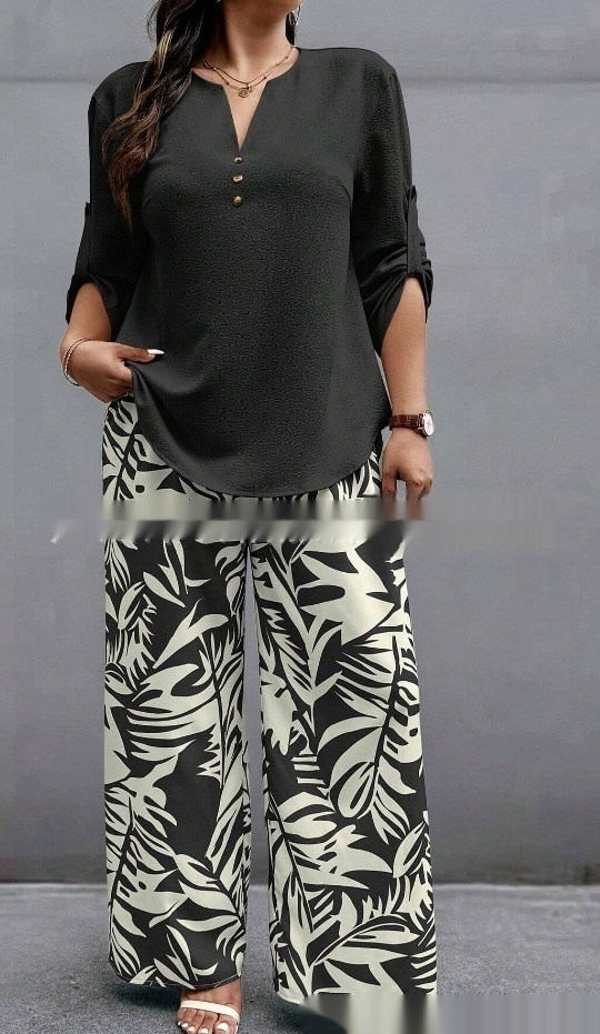 Ladies V neck Shirt Tropical Plants Printed Pants Suit 3 Style Xxxxl - Shop at LoveMi