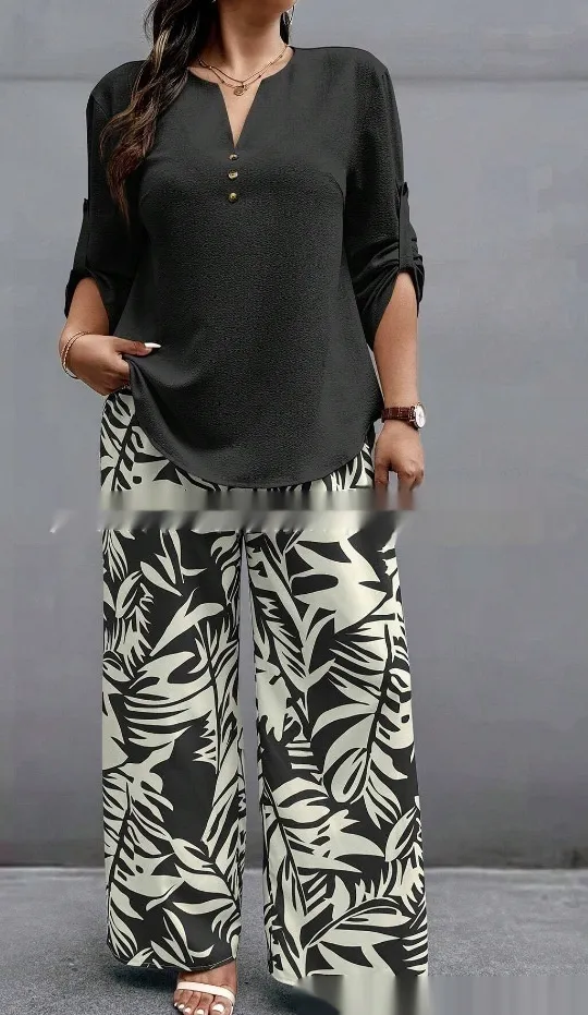 Ladies V-neck Shirt Tropical Plants Printed Pants Suit - 3 Style-Xxxxl