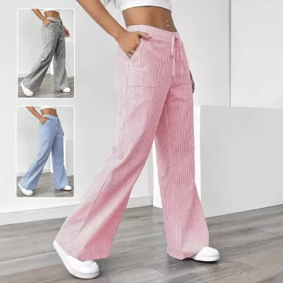 New Striped Trousers With Pockets Casual Versatile Loose Wide Leg Pants Women's Clothing