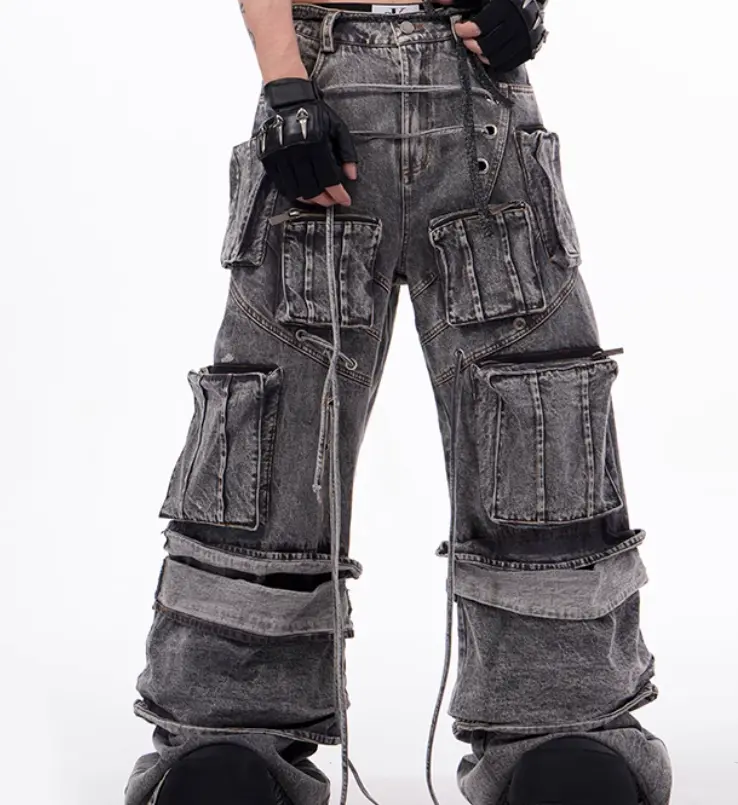 American-style Distressed Overalls Rope Stitching Mop Pants