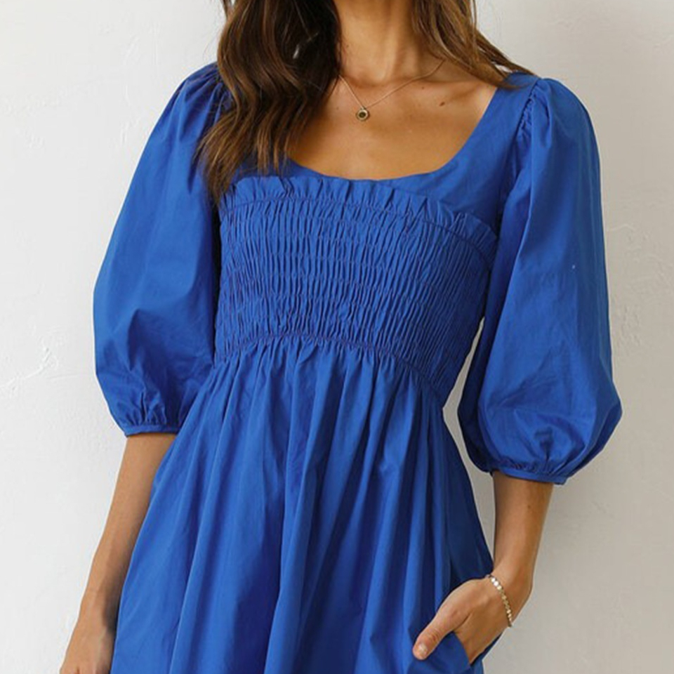 Solid Color U Collar Fitted Waist Sweet Short Dress