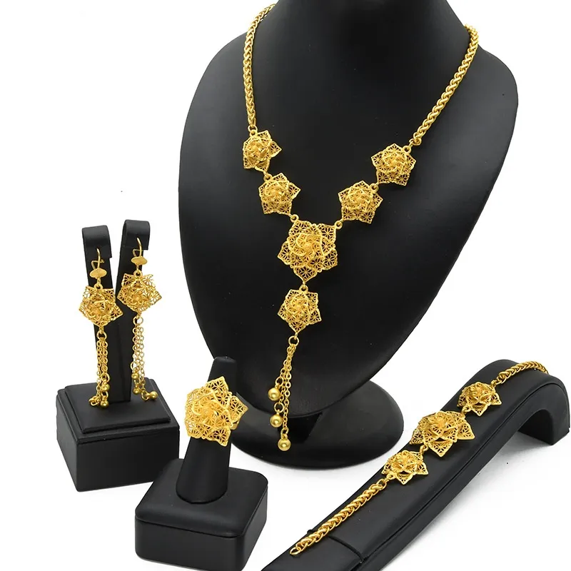 Lady's Flower Necklace Earring Ring Bracelet Copper-plated Gold Jewelry Suit - S282