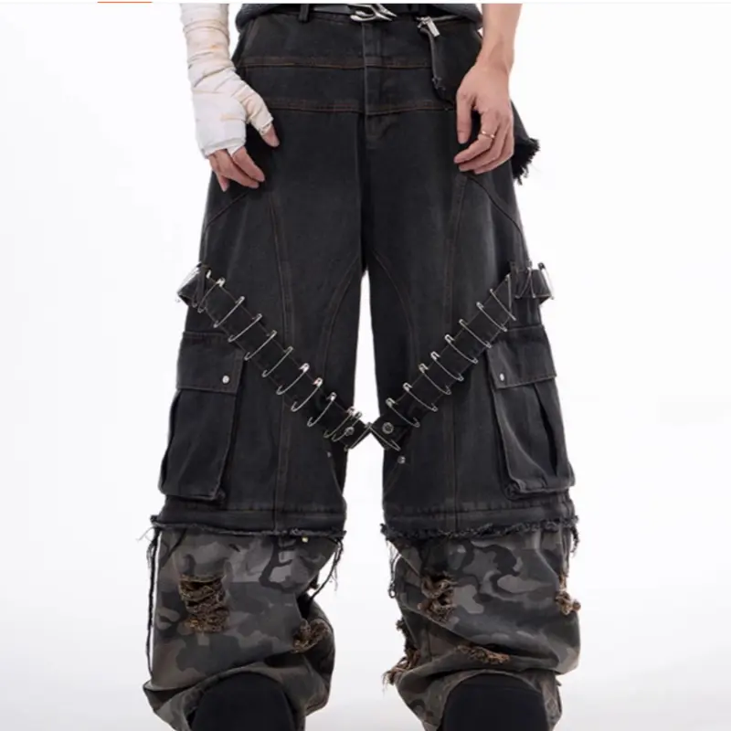 Men's Camouflage Splicing Structure Pin And Ribbon Jeans