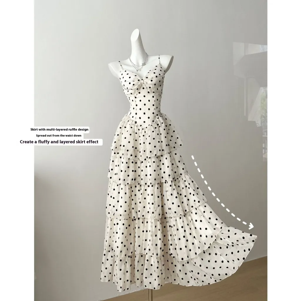 Vacation Gentle Polka-dot Cinched Slimming Sling Dress - Sling Polka Dot Dress
