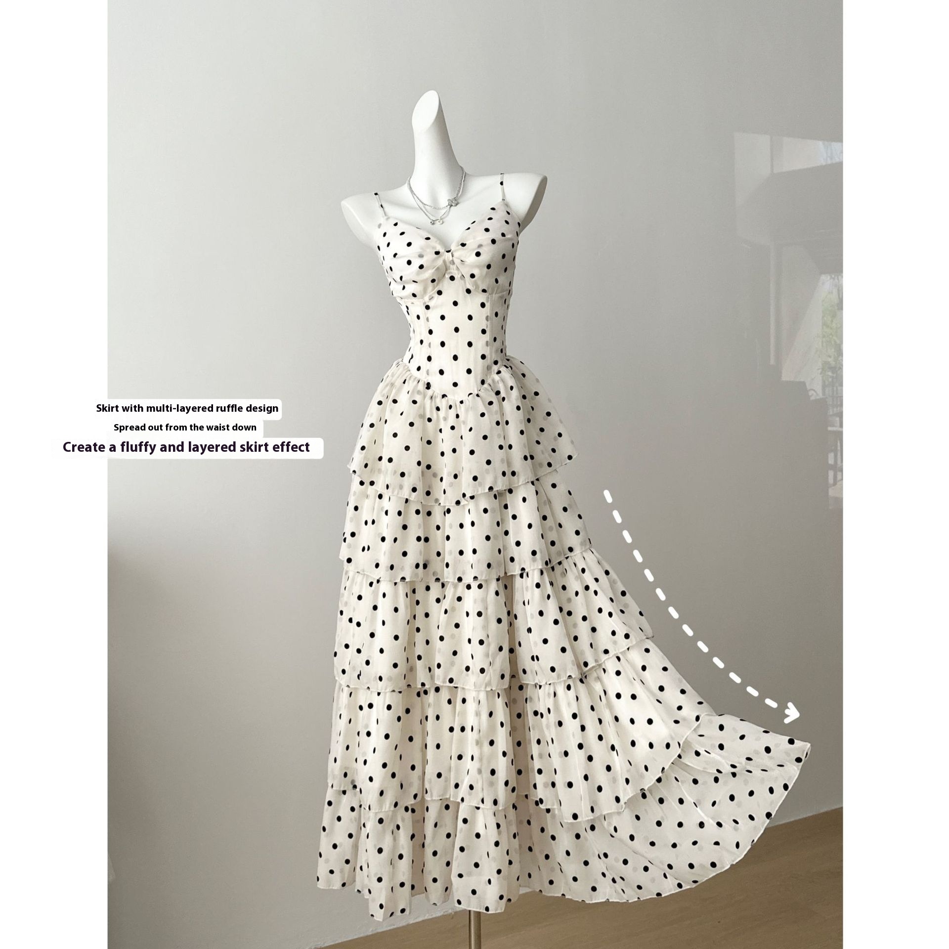 Vacation Gentle Polka-dot Cinched Slimming Sling Dress