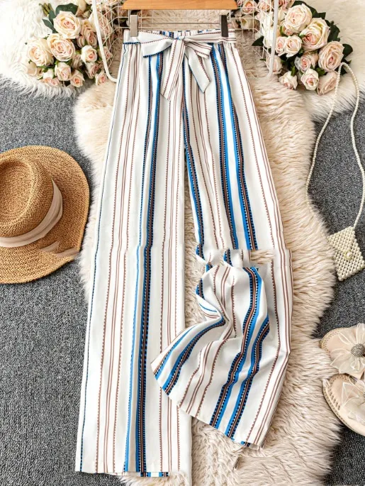 Striped Digital Printing Wide Leg Leisure Slim Fit Tied Cropped Pants 8Color - Shop at LoveMi