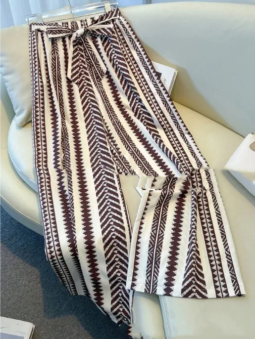 Striped Digital Printing Wide Leg Leisure Slim Fit Tied Cropped Pants - 5Color