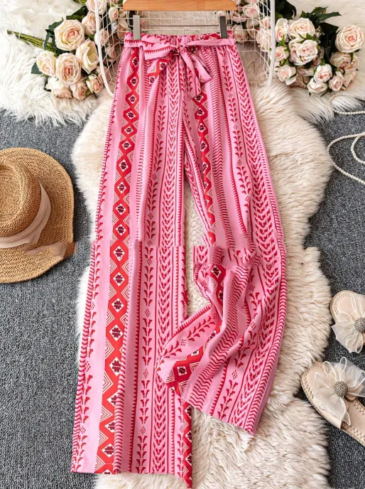 Striped Digital Printing Wide Leg Leisure Slim Fit Tied Cropped Pants - 3Color