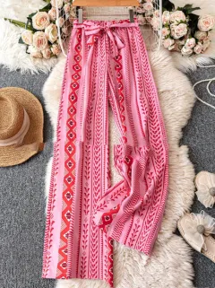 Striped Digital Printing Wide Leg Leisure Slim Fit Tied Cropped Pants - 3Color - View 1