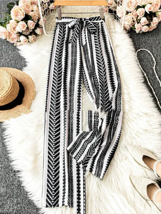 Striped Digital Printing Wide Leg Leisure Slim Fit Tied Cropped Pants 4Color - Shop at LoveMi