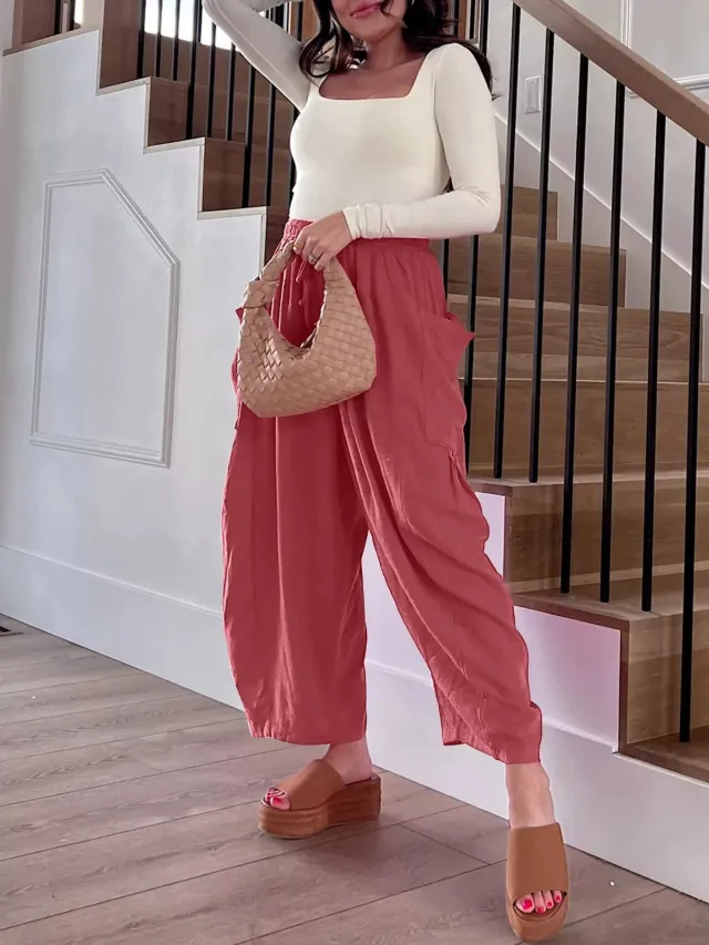 Elastic Waistband Pocket Casual Pants Pink - Shop at LoveMi