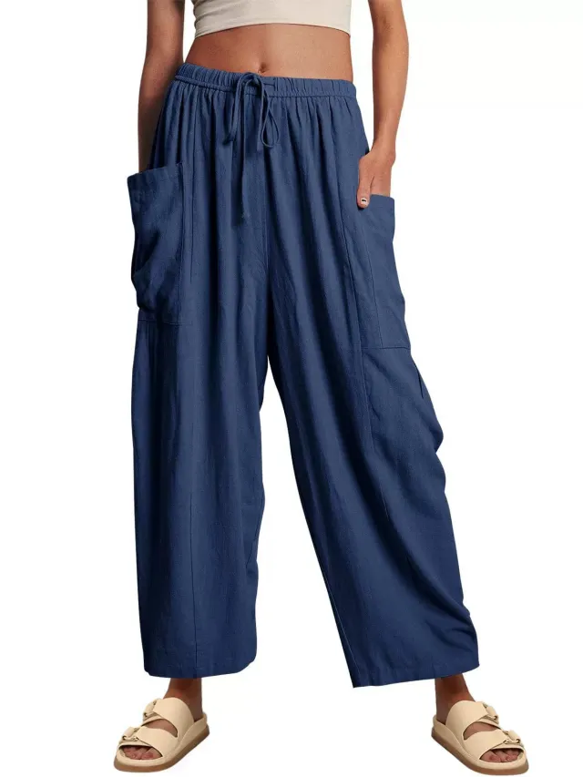Elastic Waistband Pocket Casual Pants Dark Blue - Shop at LoveMi